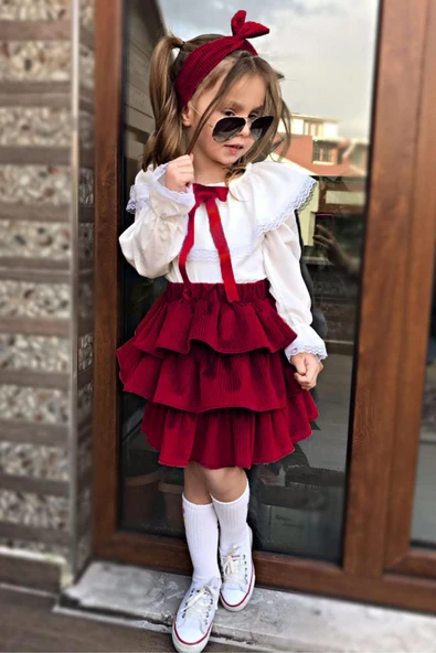 Kız Çocuk Üstü Volanlı Dantel İşlemeli Fırfırlı Bordo Etekli Takım - Resim 9