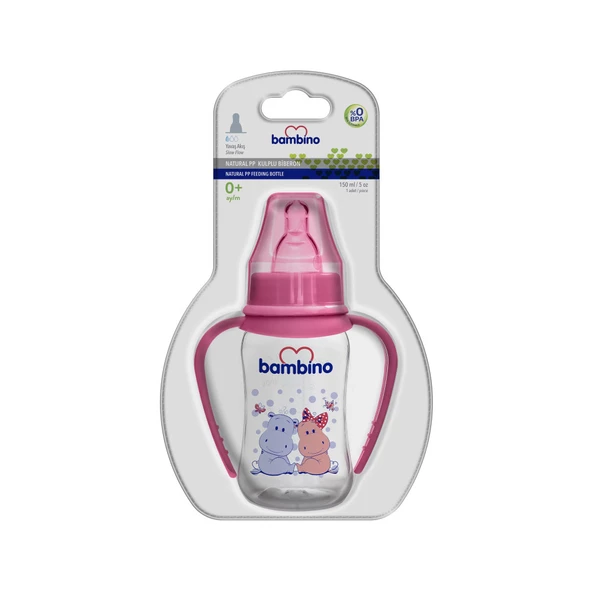 Bambino Natural PP Kulplu Biberon 150ml 0+ Ay - Pembe - Hipopotam