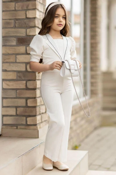 Kız Çocuk Yakası Taş İşlemeli Yarım Kollu Kuşak Detaylı Çantalı Beyaz Tulum 3-12 Yaş - Resim 4