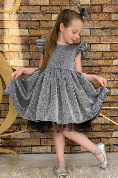 Kız Çocuk Parıldayan Gümüş Elbise - Resim 4