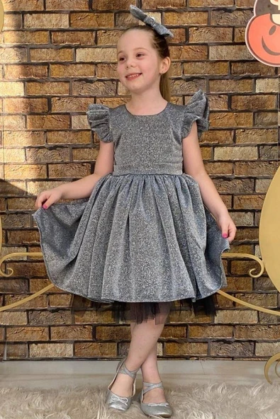 Kız Çocuk Parıldayan Gümüş Elbise - Resim 5