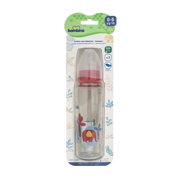 Bambino Cam Biberon 225ml 0+ Ay - Kırmızı - Çiçek