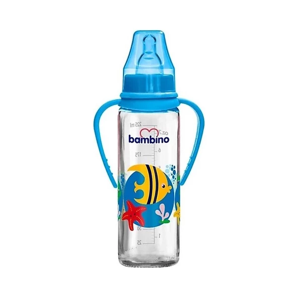 Bambino Kulplu Cam Biberon Kiraz Uçlu 225ml 0+ Ay - Mavi - Kuş