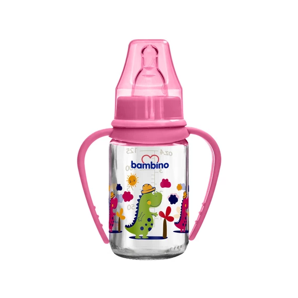 Bambino Kiraz Uçlu Cam Biberon 125ml - Pembe - Dinozor