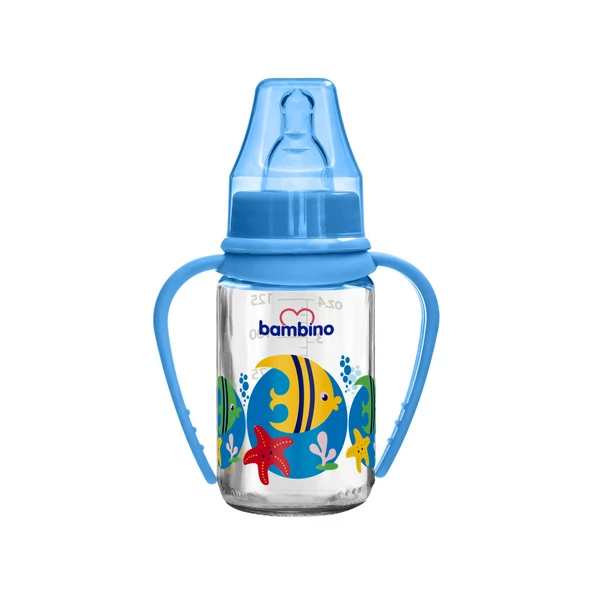 Bambino Kiraz Uçlu Cam Biberon 125ml - Mavi - Balık