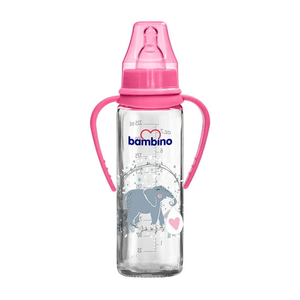 Bambino Kulplu Cam Biberon Kiraz Uçlu 225ml 0+ Ay - Pembe - Fil