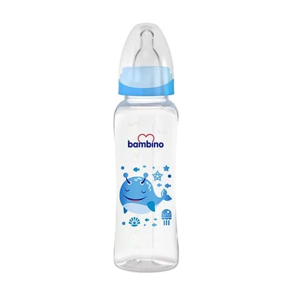 Bambino Oval Kavramalı PP Biberon 250ml 0+ Ay- Mavi Balık