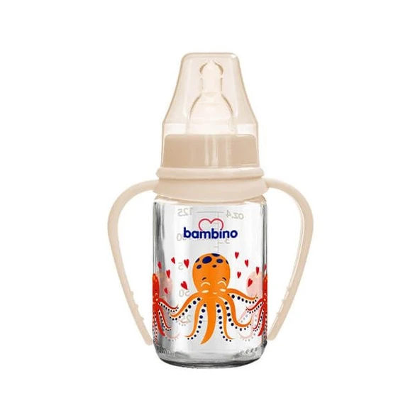 Bambino Kiraz Uçlu Cam Biberon 125ml - Krem - Ahtapot