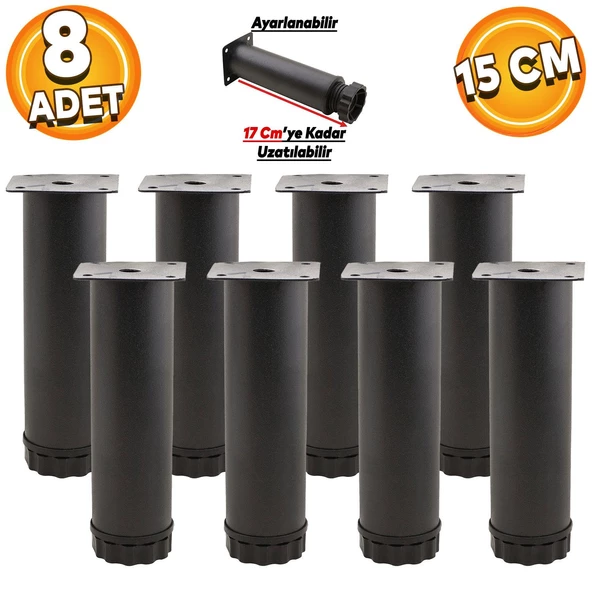 Ayarlanabilir Mobilya Kanepe Baza Koltuk Metal Destek Yükseltici Ayağı 15 Cm Siyah Ayakları (8 ADET)