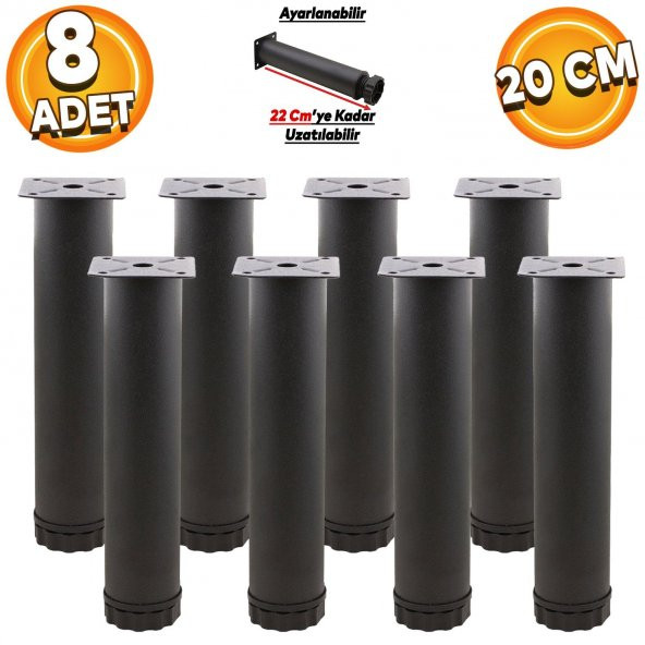 Mobilya Kanepe Konsol Koltuk Metal Destek Ayağı Ayarlanabilir 20 Cm Siyah Metal Ayakları (8 ADET)