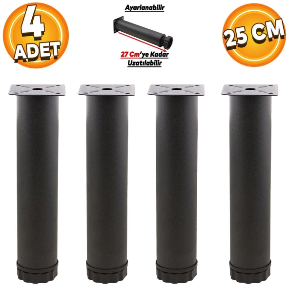 Ayarlanabilir Mobilya Kanepe Baza Koltuk Metal Destek Yükseltici Ayağı 25 Cm Siyah Ayakları (4 ADET)