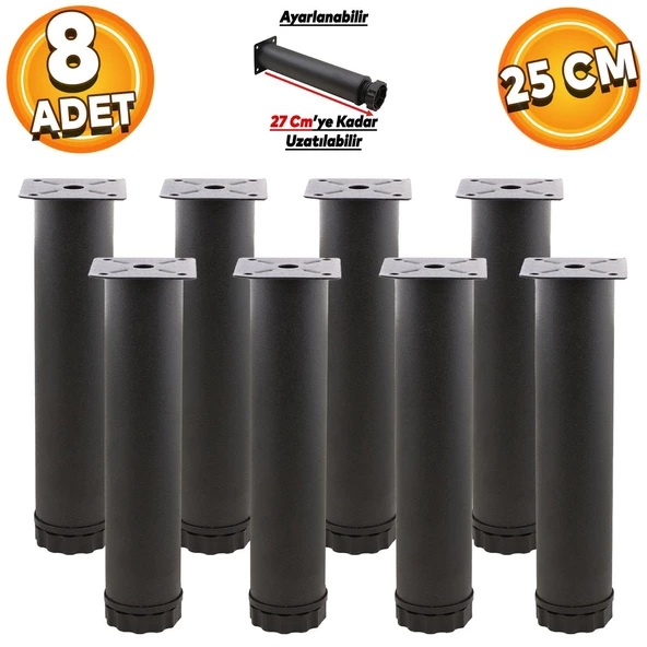 Mobilya Kanepe Baza Koltuk Metal Destek Ayağı Ayarlanabilir 25 Cm Siyah Yükseltici Ayakları (8 ADET)