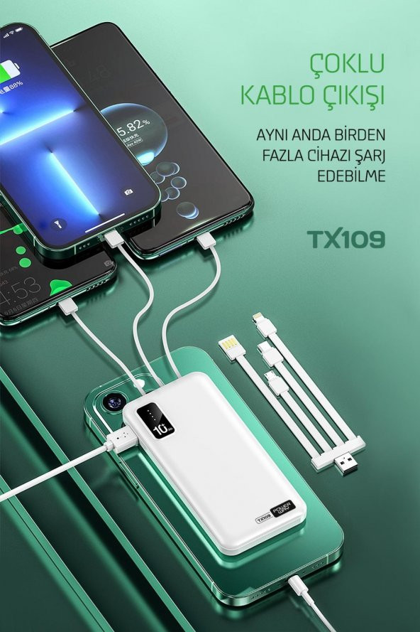 10.000 Mah Kablolu Dijital Göstergeli 10.000 Mah Garantili Dahili Stand TX109 Siyah Powerbank