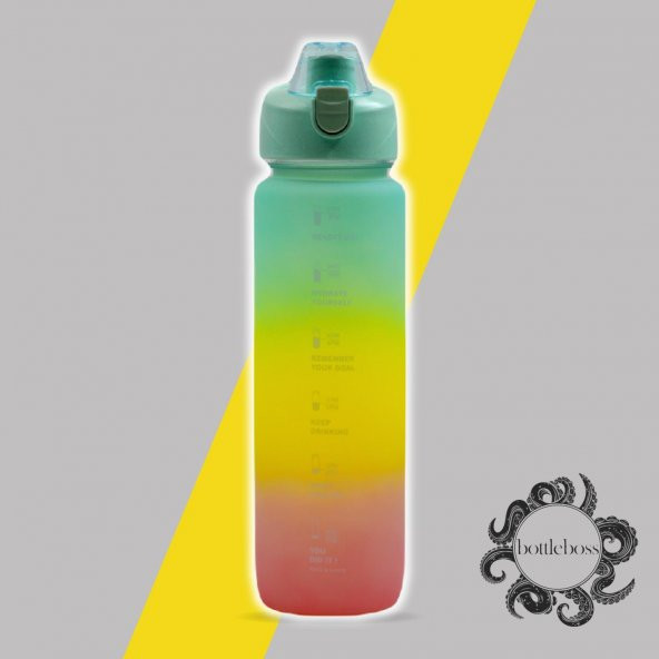 BottleBoss Pastel Renk Geçişli Sızdırmaz Kapak Motivasyon Matarası 1100 Ml Sticker HEDİYELİ Yeşil