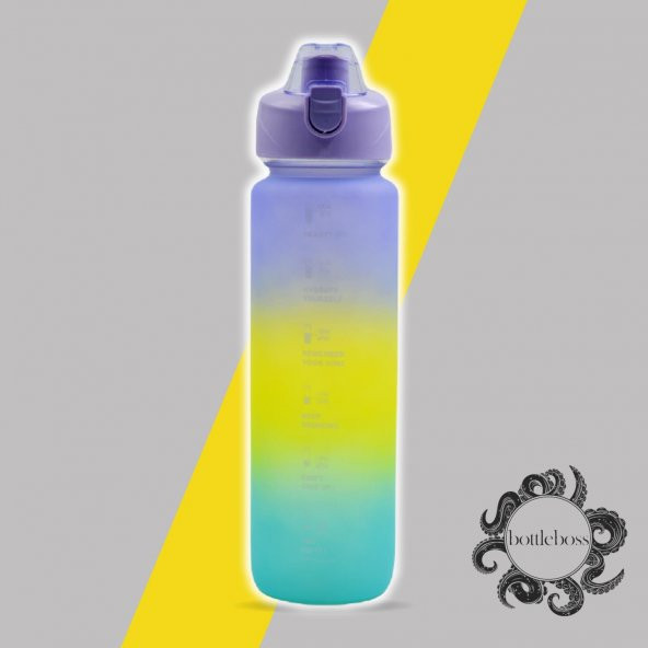 BottleBoss Pastel Renk Geçişli Sızdırmaz Kapak Motivasyon Matarası 1100 Ml Sticker HEDİYELİ Mor