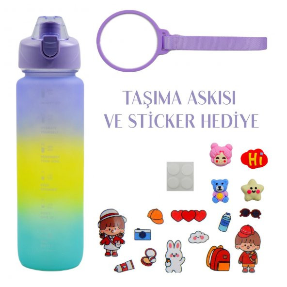 BottleBoss Pastel Renk Geçişli Sızdırmaz Kapak Motivasyon Matarası 1100 Ml Sticker HEDİYELİ Mor - 2