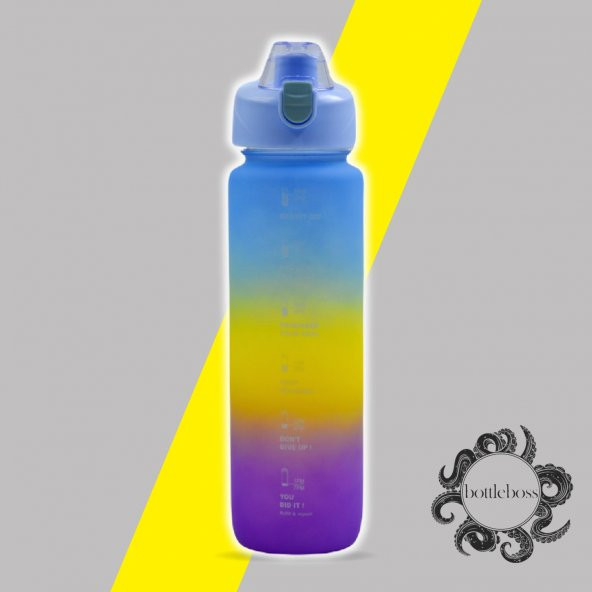 BottleBoss Pastel Renk Geçişli Sızdırmaz Kapak Motivasyon Matarası 1100 Ml Sticker HEDİYELİ Mavi