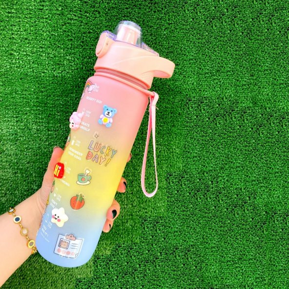 BottleBoss Pastel Renk Geçişli Sızdırmaz Kapak Motivasyon Matarası 1100 Ml Sticker HEDİYELİ Mavi - 3
