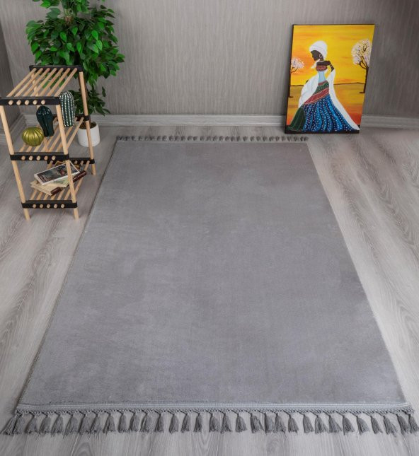 Orkide Home Modern Puffy Örgü Saçaklı  Simirna Peluş Post Halı  GRİ 100 x 200