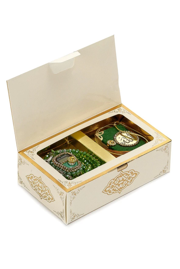 Taşlı Zikirmatik - Mini Kuran - Kristal Taş Tesbihli Hediyelik Set - Yeşil Renk