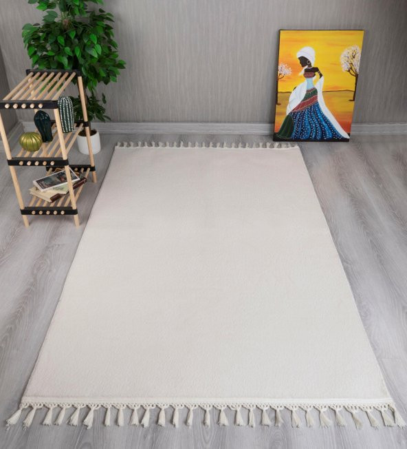 Orkide Home Modern Puffy Örgü Saçaklı  Simirna Peluş Post Halı  Krem 100 x 150