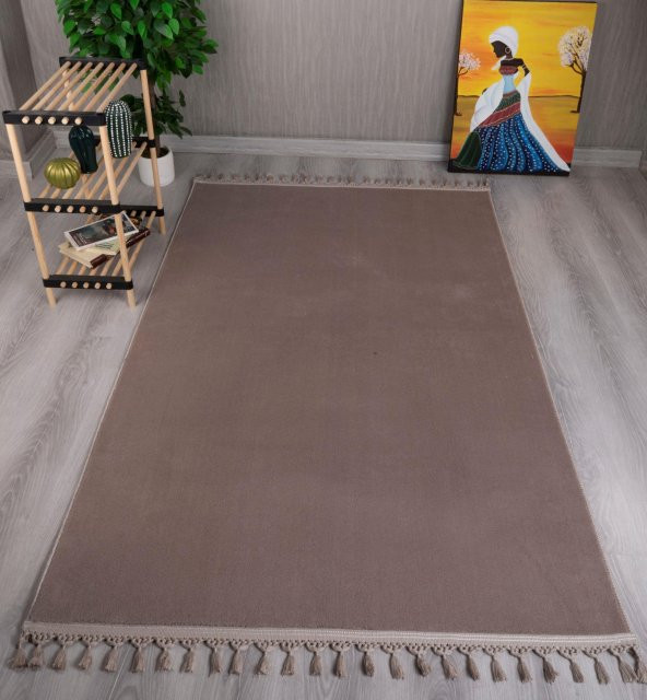 Orkide Home Modern Puffy Örgü Saçaklı  Simirna Peluş Post Halı  Vizon 150 x 300 - 1