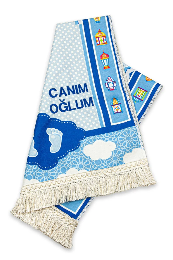 İsme Özel Desenli Dijital Baskılı Çocuk Seccadesi Mavi - Resim 2