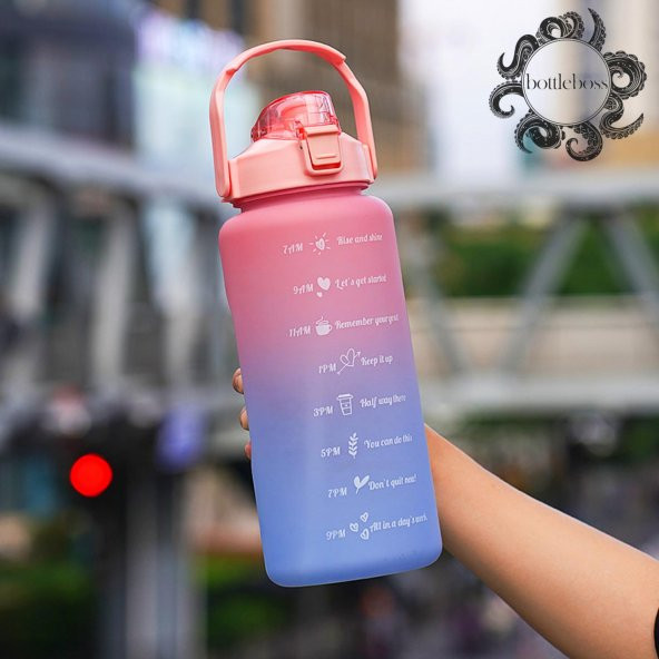 BottleBoss Pastel Renk Geçişli Sızdırmaz Kapak Motivasyon Matarası 2 Litre Sticker HEDİYELİ Pembe
