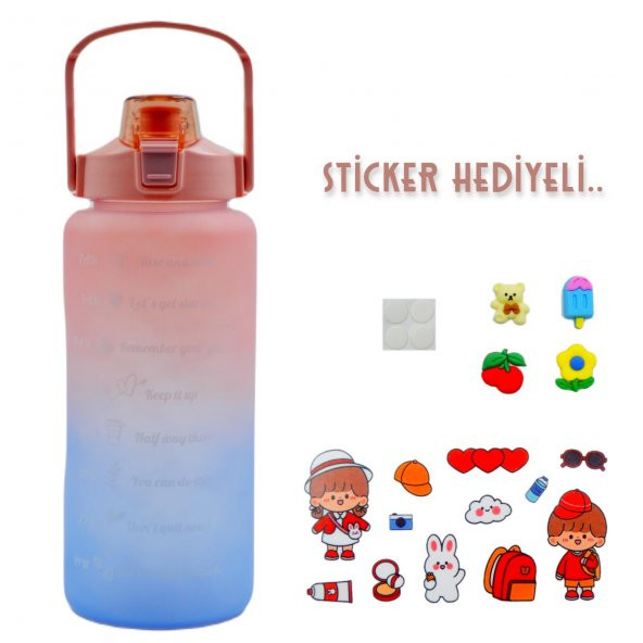 BottleBoss Pastel Renk Geçişli Sızdırmaz Kapak Motivasyon Matarası 2 Litre Sticker HEDİYELİ Pembe - 2