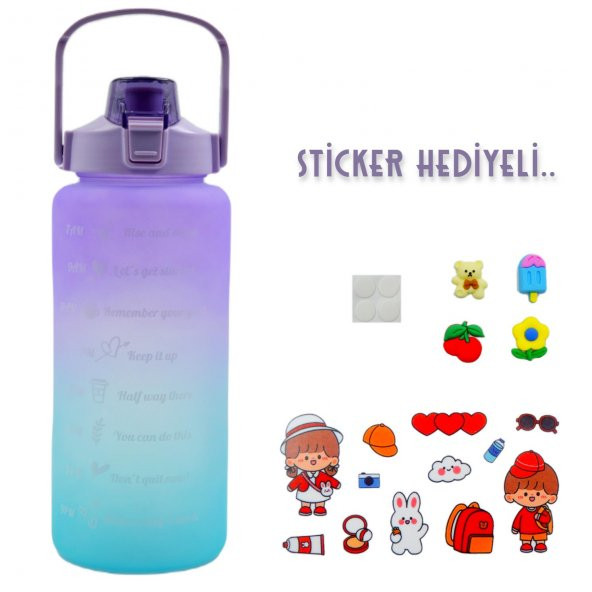 BottleBoss Pastel Renk Geçişli Sızdırmaz Kapak Motivasyon Matarası 2 Litre Sticker HEDİYELİ Mor - 2