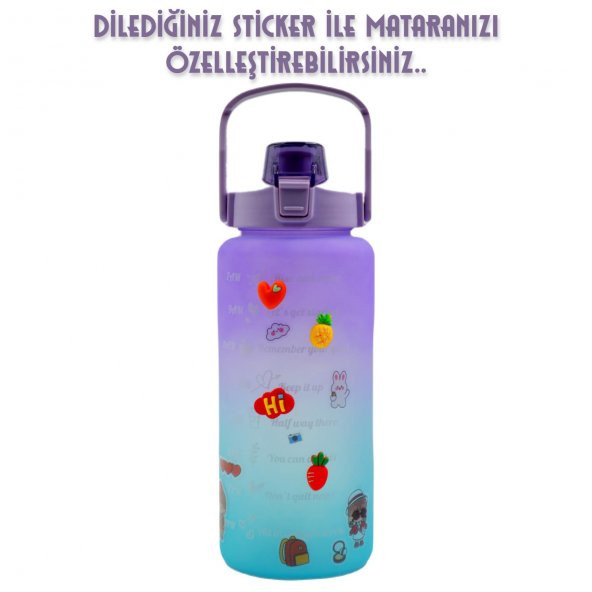 BottleBoss Pastel Renk Geçişli Sızdırmaz Kapak Motivasyon Matarası 2 Litre Sticker HEDİYELİ Mor - 6