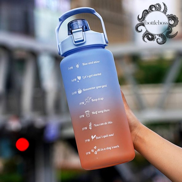 BottleBoss Pastel Renk Geçişli Sızdırmaz Kapak Motivasyon Matarası 2 Litre Sticker HEDİYELİ Mavi