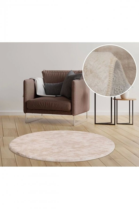 Orkide Halı Modern Dekoratif Halı Jel Kaymaz Taban Peluş Puffy Yuvarlak Post Krem Dalga Desenli  KREM 120 x 120