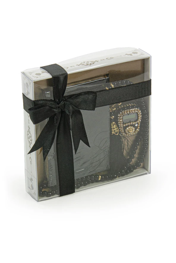 İnci Tesbih ve Zikirmatikli Siyah Medine Hatlı Kuranı Kerim Seti Dini Hediyelik - Resim 2