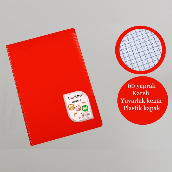 Çınar A4 60 Yaprak  Colormaxi Spiralli Defter Plastik Kapak Kareli 1 Adet - 4