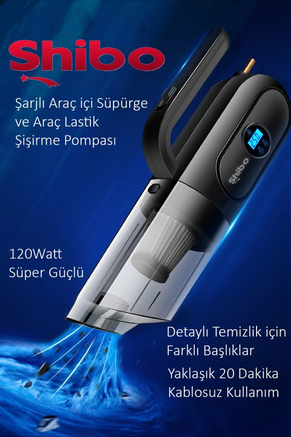Shibo Şarjlı Kablosuz Araç Lastik Şişirme Pompası Hava Kompresörü Dijital Ekran & Araç içi Süpürge - 2