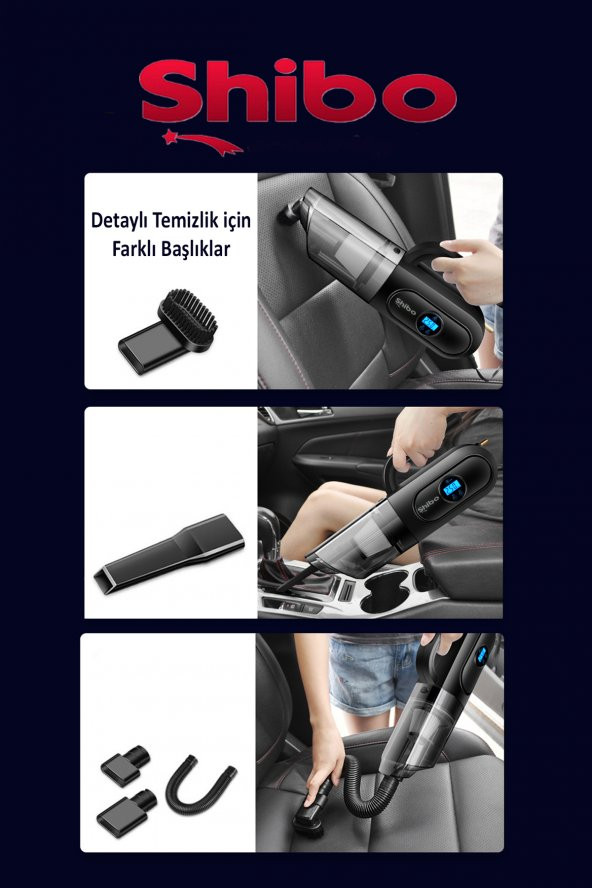 Shibo Şarjlı Kablosuz Araç Lastik Şişirme Pompası Hava Kompresörü Dijital Ekran & Araç içi Süpürge - 3