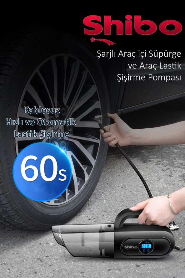 Shibo Şarjlı Kablosuz Araç Lastik Şişirme Pompası Hava Kompresörü Dijital Ekran & Araç içi Süpürge - 4