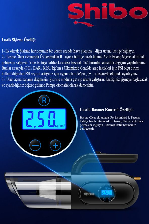 Shibo Şarjlı Kablosuz Araç Lastik Şişirme Pompası Hava Kompresörü Dijital Ekran & Araç içi Süpürge - 5