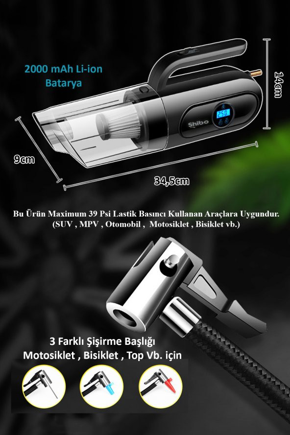 Shibo Şarjlı Kablosuz Araç Lastik Şişirme Pompası Hava Kompresörü Dijital Ekran & Araç içi Süpürge - 6