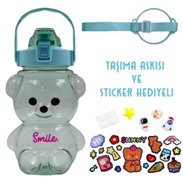 BottleBoss Pipetli Taşıma Askılı Gülümseyen Ayıcık Matara 1,5 Litre Sticker HEDİYELİ Yeşil - 2