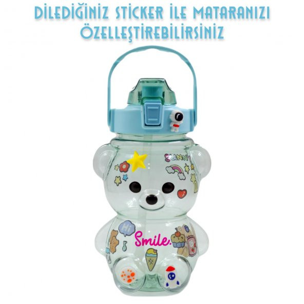 BottleBoss Pipetli Taşıma Askılı Gülümseyen Ayıcık Matara 1,5 Litre Sticker HEDİYELİ Yeşil - 5