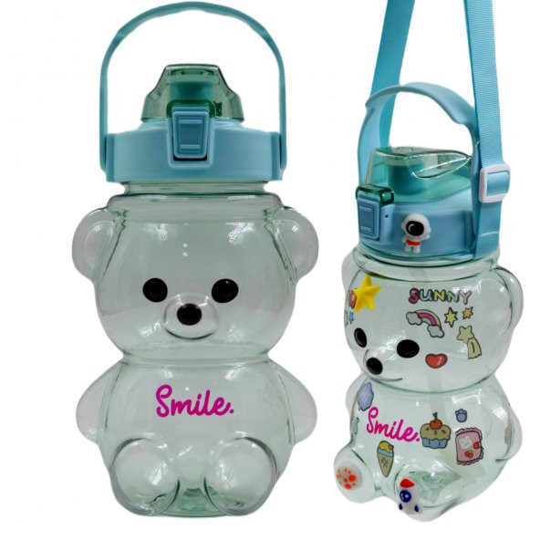 BottleBoss Pipetli Taşıma Askılı Gülümseyen Ayıcık Matara 1,5 Litre Sticker HEDİYELİ Yeşil - 6