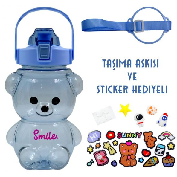 BottleBoss Pipetli Taşıma Askılı Gülümseyen Ayıcık Matara 1,5 Litre Sticker HEDİYELİ Mavi - 2