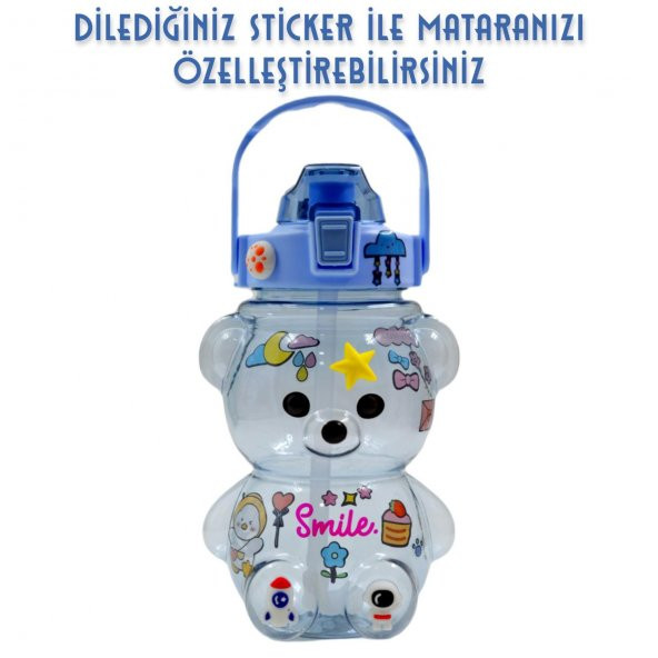 BottleBoss Pipetli Taşıma Askılı Gülümseyen Ayıcık Matara 1,5 Litre Sticker HEDİYELİ Mavi - 5