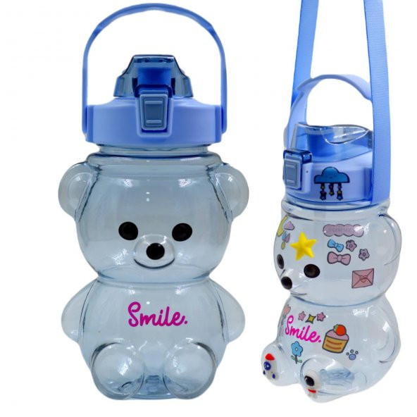 BottleBoss Pipetli Taşıma Askılı Gülümseyen Ayıcık Matara 1,5 Litre Sticker HEDİYELİ Mavi - 6