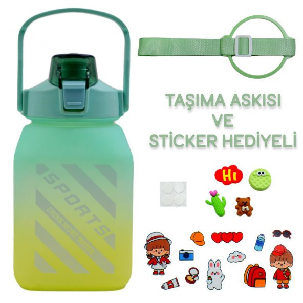 BottleBoss Kare Spor Model Taşıma Askılı Pipetli Motivasyon Matarası 1,5 Litre Sticker HEDİYELİ Yeşil - 2