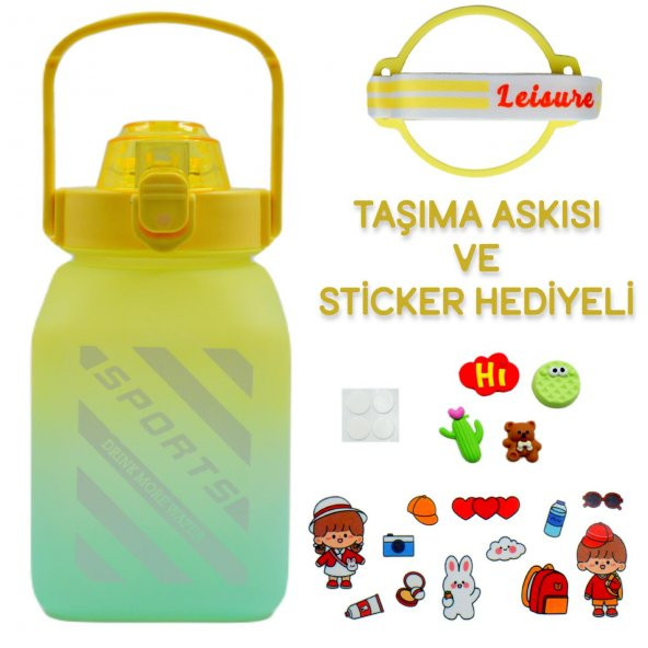 BottleBoss Kare Spor Model Taşıma Askılı Pipetli Motivasyon Matarası 1,5 Litre Sticker HEDİYELİ Sarı - 2