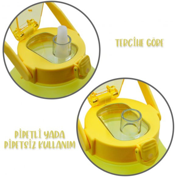BottleBoss Kare Spor Model Taşıma Askılı Pipetli Motivasyon Matarası 1,5 Litre Sticker HEDİYELİ Sarı - 4