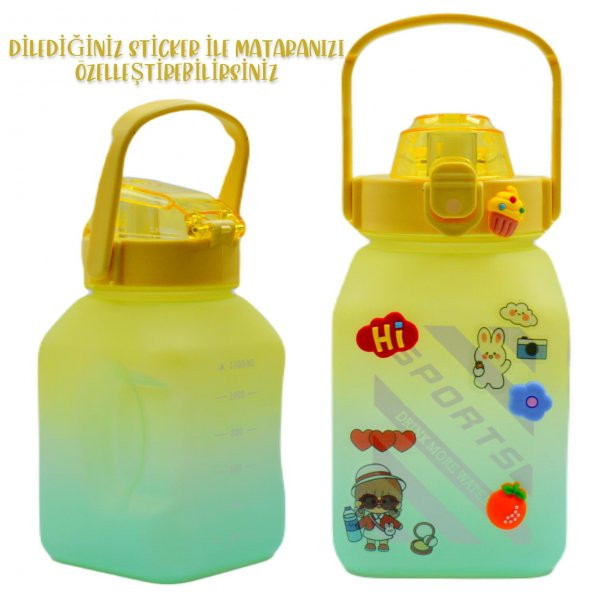 BottleBoss Kare Spor Model Taşıma Askılı Pipetli Motivasyon Matarası 1,5 Litre Sticker HEDİYELİ Sarı - 5